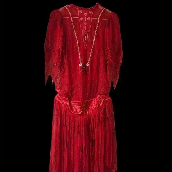 Zandra Rhodes Scarlet Red Silk Printed BoHo Gown with Beadwork Embellishment - Picture 1 of 5